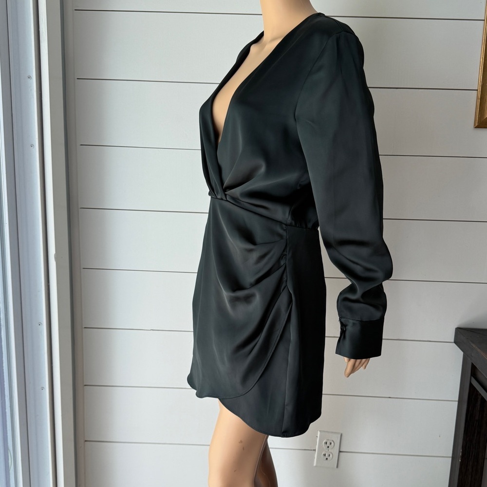 Zara Dark Green Long Sleeve Wrap Satin Dress Sz M - Picture 4 of 9